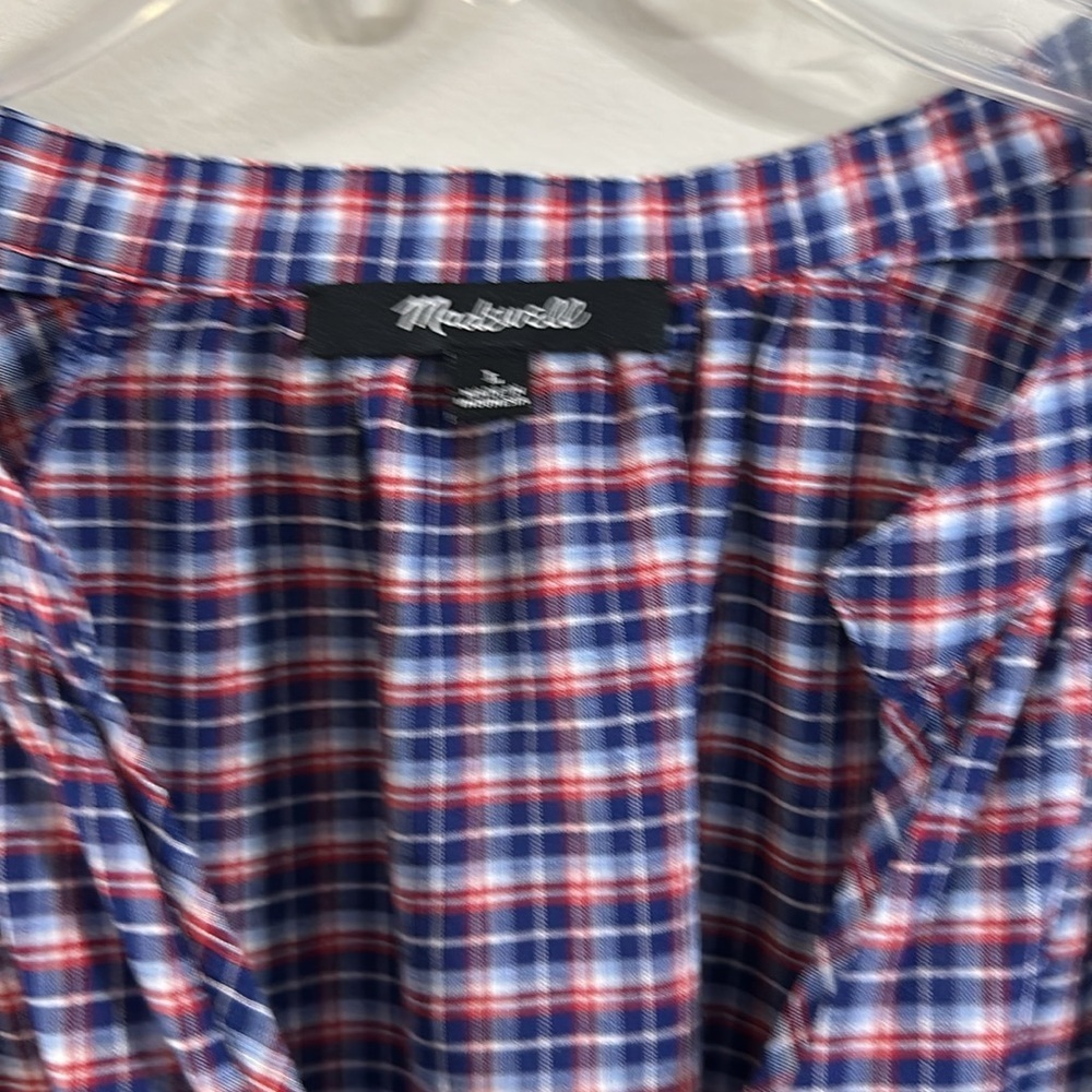 Madewell 79 cotton 21 linen L popover plaid blouse red blue white tie sleeves - Picture 4 of 8